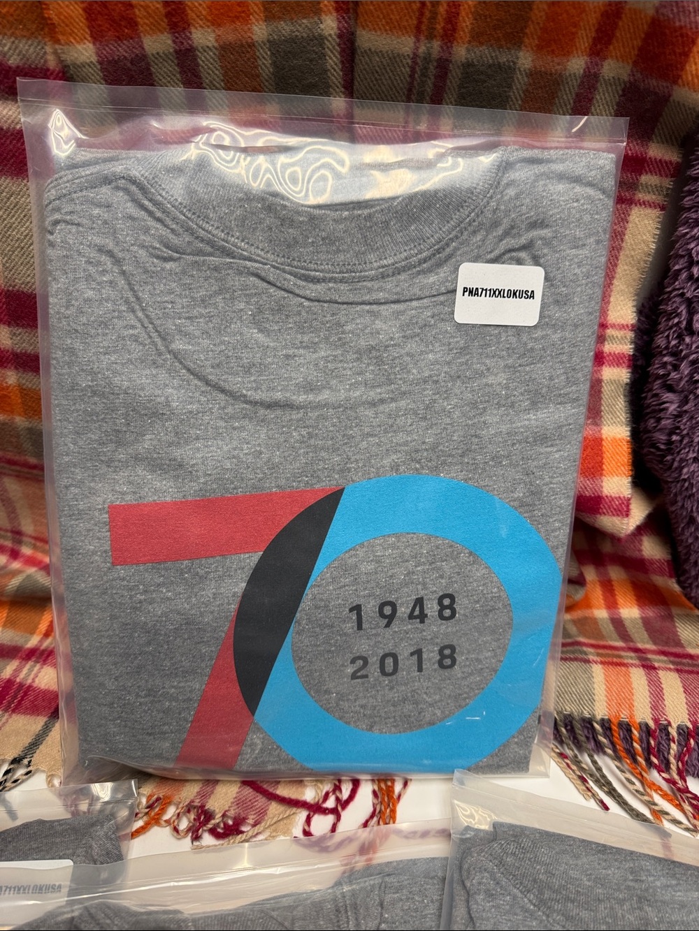Gray Porsche Graphic Tee with Red & Blue 70th Anniversary Design